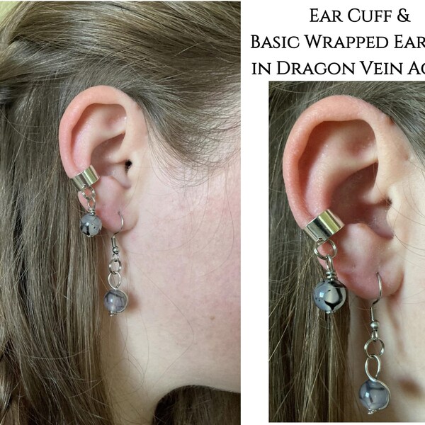 Dragon Vein Agate Gemstone Earcuff and Dangle Earring