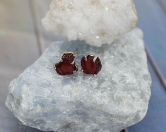 Natural Garnet 925 Stud Earring Sterling Silver Garnet Post Stud Earring Deep Red Raw Garnet Gift Grounding Jewelry January Birthstone