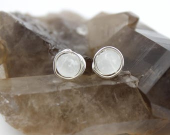 Selenite 8mm Sterling Silver Stud Earring Selenite Crystal Earring Stud Jewelry Earring White Quartz Jewelry Gift for Her Protective Crystal