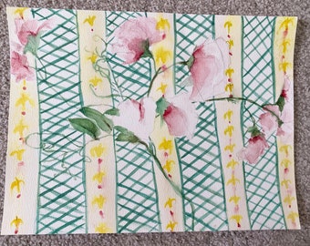 May include: Watercolor painting of pink and white flowers with green leaves on a yellow and green striped background.