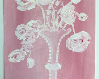 Floral Gouache Painting: Pink Roses Still Life (7x10)