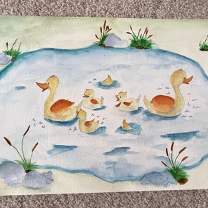 Original watercolor, ducks in a pond