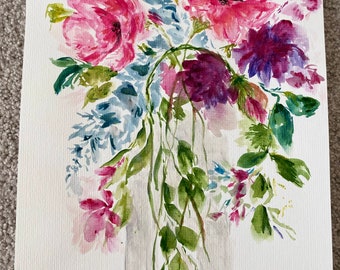 花瓶に入った青い花のフラワーアレンジメント：油絵アートプリント
