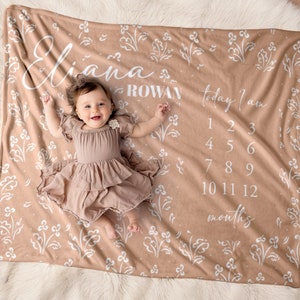 Flower Baby Girl Milestone Blanket - Personalized Month Blanket with Name - Baby Photo Prop - Baby Shower Gift for Neutral Nursery