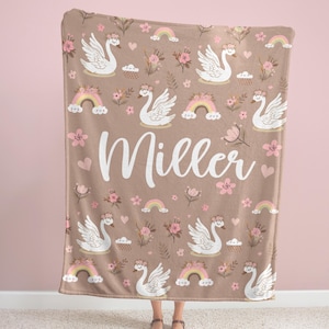 Swan Floral Personalized Girl Blanket – Beige and Pink, Minimalist Nursery Decor