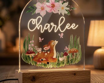 Personalized Woodland Deer Night Light, Floral Nursery Decor, Custom Name Gift