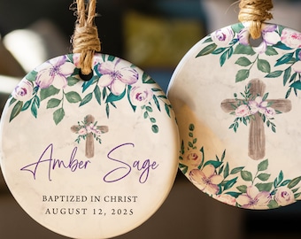 Custom Floral Christening Ornament – Personalized Baptism Gift, Memorial Keepsake