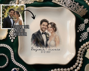 Custom Watercolor Photo Trinket Dish, Ceramic Ring Holder, Wedding Keepsake Tray