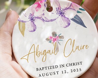 Floral Customized Sentimental Christening Girls Ornament - Name + Date Custom Baptism Ornament - Floral Christened Ornament Keepsake