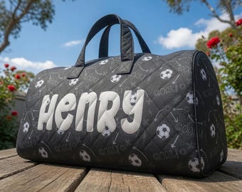 Soccer Theme Bag, Sports Bag with Custom Personalized Name, Quilted Handmade Weekender Overnight Duffel Bag