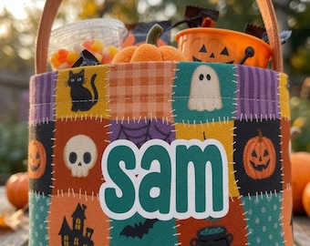 Boys Personalized Cute Halloween Basket, Custom Foldable Halloween Bucket, Patchwork, My first Halloween