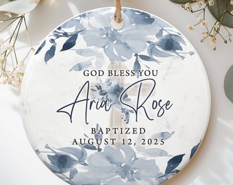 Personalized Blue Floral Baptism Ornament, Ceramic Keepsake