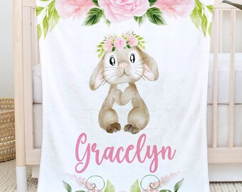 Bunny Baby Blanket Girl - Vintage Floral Blanket Girl with Rabbit - Pe rsonalized Baby Girl Blanket -Woodland Baby Shower Gift Name Blanket