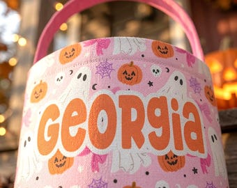 Girls Personalized Pink Halloween Basket, Custom Foldable Halloween Bucket, Cute Ghosts Pumpkin