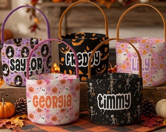 Halloween Basket, Custom Foldable Halloween Bucket, Fabric Personalized Custom add Name