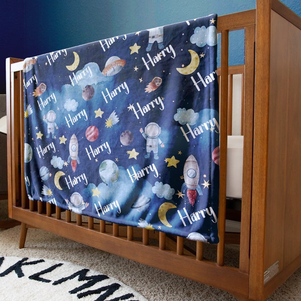 Boys Space Theme Name Minky Blanket - Bedroom Decor - Toddler - Minky Sherpa - Boys Blue Birthday Christmas Gift