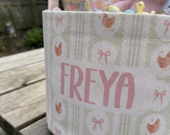 Personalized Chicken Farm Easter Basket, Floral Toy Box, Kids Name Storage