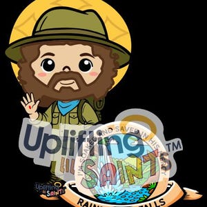 May include: Cartoon illustration of a bearded character in a green hat and outfit, waving. The image includes text that says "Uplifting Saints" and "Rainforest Falls". A yellow halo is behind the character.