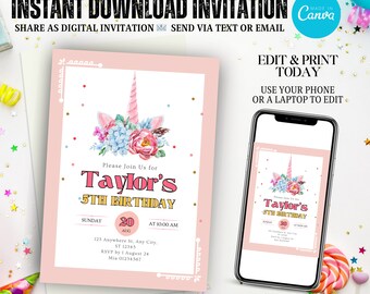 Editable Magical Unicorn Birthday Invitation, Unicorn Birthday Party Invites,  Pastel Unicorn Girl 5th Birthday Invite, Electronic Kid Evite