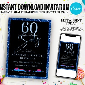Digital 60th Birthday Invitation For Men, Adult Birthday Party Invitation, Text Message Invitation, 60 Invite Ecard, Glam Sixty Party Invite