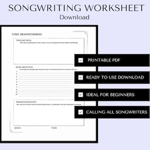 Hoja de trabajo para escribir canciones y superar el bloqueo creativo / Descarga instantánea / Plantilla para escribir letras