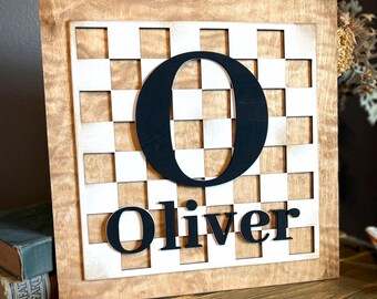 Letrero personalizado a cuadros con nombre; Letrero de madera personalizado a cuadros