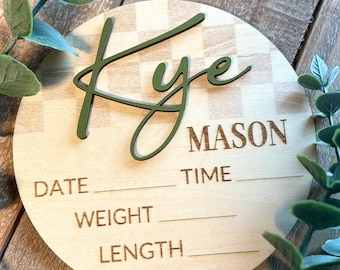 Letrero de madera personalizado para anunciar el nacimiento de un bebé, recuerdo con las estadísticas del nacimiento.