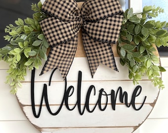 Colgador rústico de bienvenida para puerta: letras de madera 3D y lazo de cuadros vichy