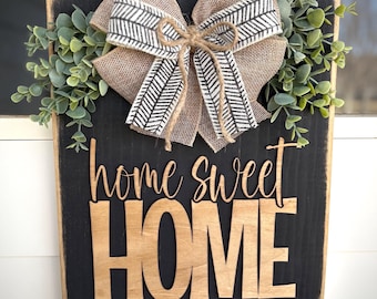 Colgante de puerta rústico "Home Sweet Home": letras de madera en 3D, letrero neutro