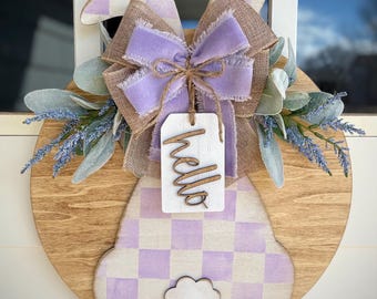 Colgante de puerta de conejito de Pascua, letrero de puerta a cuadros de primavera