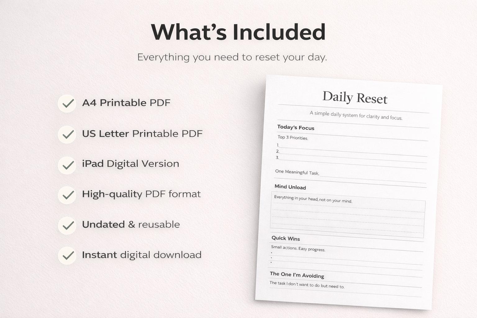 Daily Reset Planner | Minimal Daily Reset System | Printable Daily ...