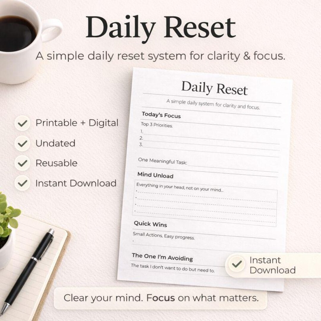 Daily Reset Planner | Minimal Daily Reset System | Printable Daily ...