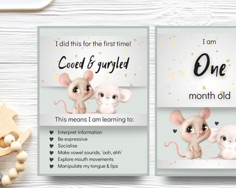 Bundle Pack - 'Baby animals', 16 Learning and Development milestone cards AND 12 monthly milestone cards, gender neutral, first 12 months