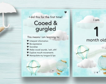 Bundle Pack - 'Float Away', 16 Learning and Development milestone cards AND 12 monthly milestone cards, gender neutral, first 12 months