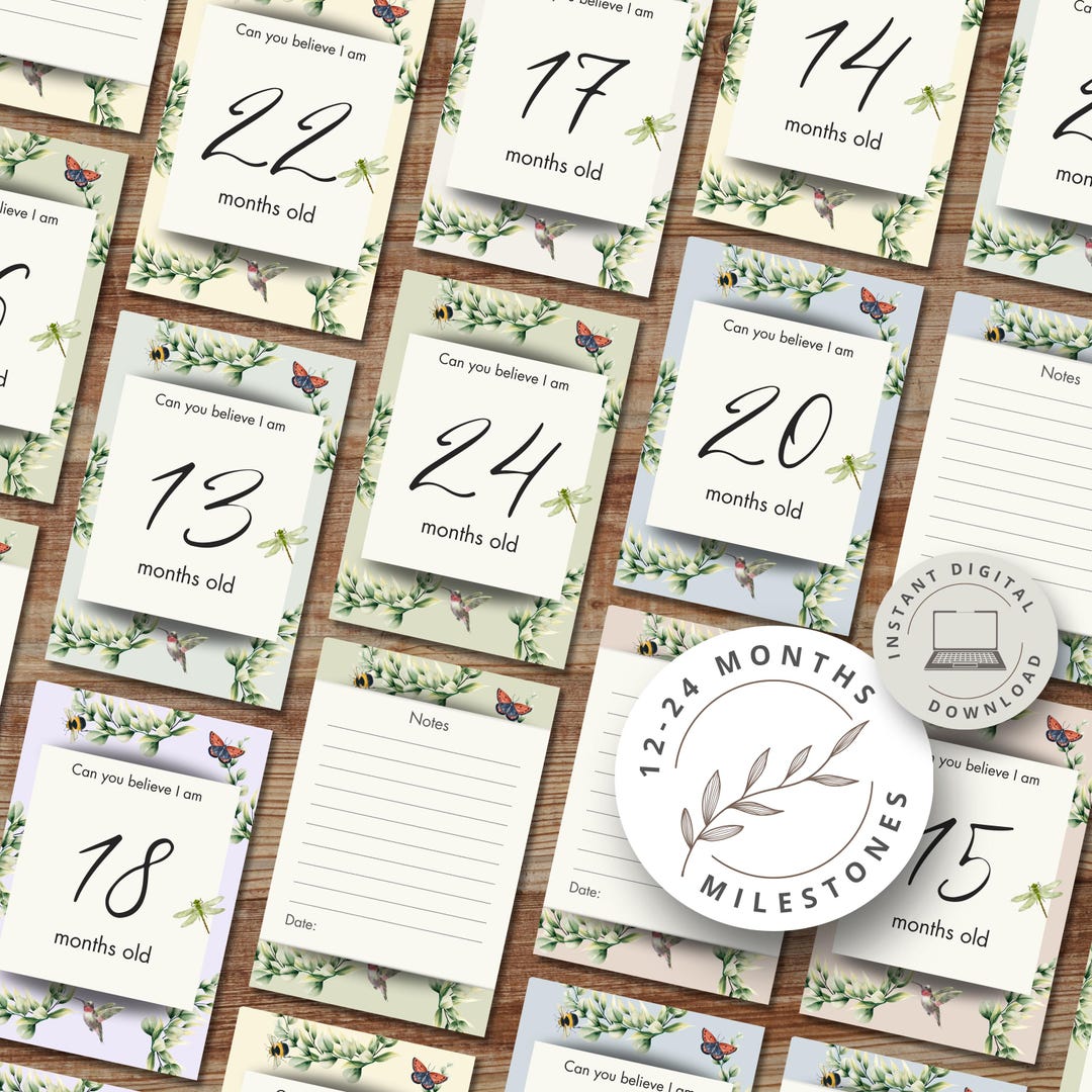 Month Cards Digital Milestones Toddler 12-24 Months Baby Monthly Growth Milestone ...