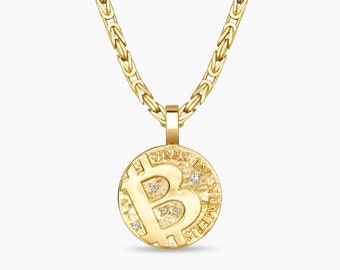 Ciondolo Bitcoin fatto a mano in oro massiccio 18k da 1/2 oncia