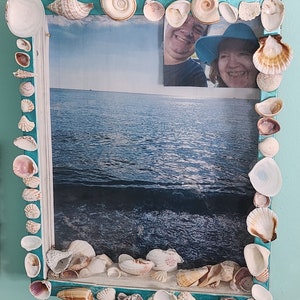 May include: A framed photograph featuring a seascape and two portraits, adorned with a teal frame and various seashells. The frame is decorated with a variety of seashells in different shapes and sizes, creating a coastal theme.