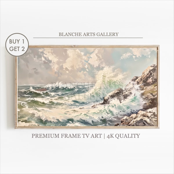 Stormy Day on Atlantic Coast Frame TV Art, Ocean Waves, France Coastal Landscape, Samsung Frame TV Art