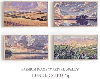 Purple Sunsets Frame TV Art Bundle de 4, Paisajes de puesta de sol rosa, Arte minimalista para TV, Arte vintage, Descarga digital Samsung Frame TV Art