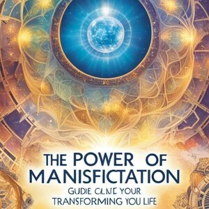 May include: A book cover featuring a blue and gold illustration of a celestial dome with a bright star at its centre. The title of the book is "The Power of Manifestation" and the author is "Gudie Cline". The subtitle is "Transforming Your Life".