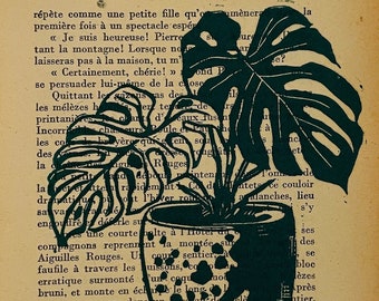 Incisione su linoleum Green Monstera, stampata su una vecchia pagina di libro | Fatto a mano | Edizione limitata, firmata e numerata | Decorazione d'interni