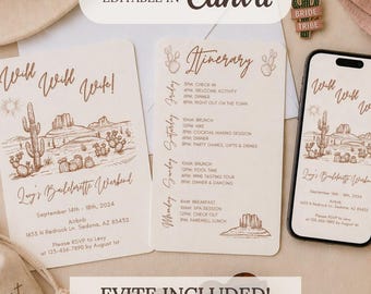 May include: A bachelorette weekend invitation set featuring a desert landscape illustration with cacti and mesas in brown ink on cream paper. The text includes Wild Will Wife, Itinerary, and event details. A smartphone displays the same design.