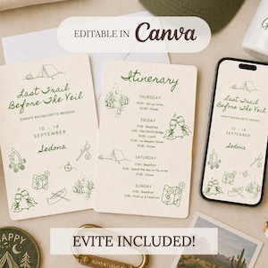 Peut inclure: Un ensemble d'invitations pour un week-end d'enterrement de vie de jeune fille sur le thème du camping. La conception comprend un itinéraire imprimé, un affichage numérique sur téléphone et une carte d'invitation imprimée. Le texte comprend "Last Trail Before The Veil" et "Sedona". La phrase "Evite Included!" est également visible.
