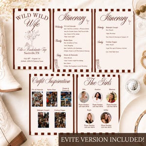 Puede incluir: Un conjunto de invitaciones para una despedida de soltera con un esquema de color marrón y blanco. La invitación incluye el texto "Wild Wild Wife" y "Ellie's Bachelorette Trip Nashville, TN". También presenta detalles del itinerario e inspiración de vestuario.