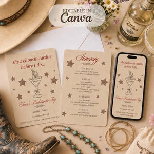 Puede incluir: Un tema de despedida de soltera con una bota de vaquero, un sombrero y una ilustración de copa de margarita. La invitación y el itinerario están en papel color canela con detalles de estrellas. Un smartphone muestra el mismo diseño. Tequila y joyas también están presentes.
