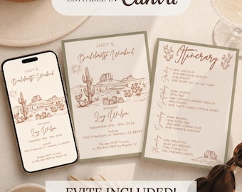 May include: A digital smartphone display and two printed cards featuring a desert landscape illustration with cacti and mesas. The text includes Lucy's Bachelorette Weekend, Itinerary, and event details. The design uses a neutral beige and brown color palette.