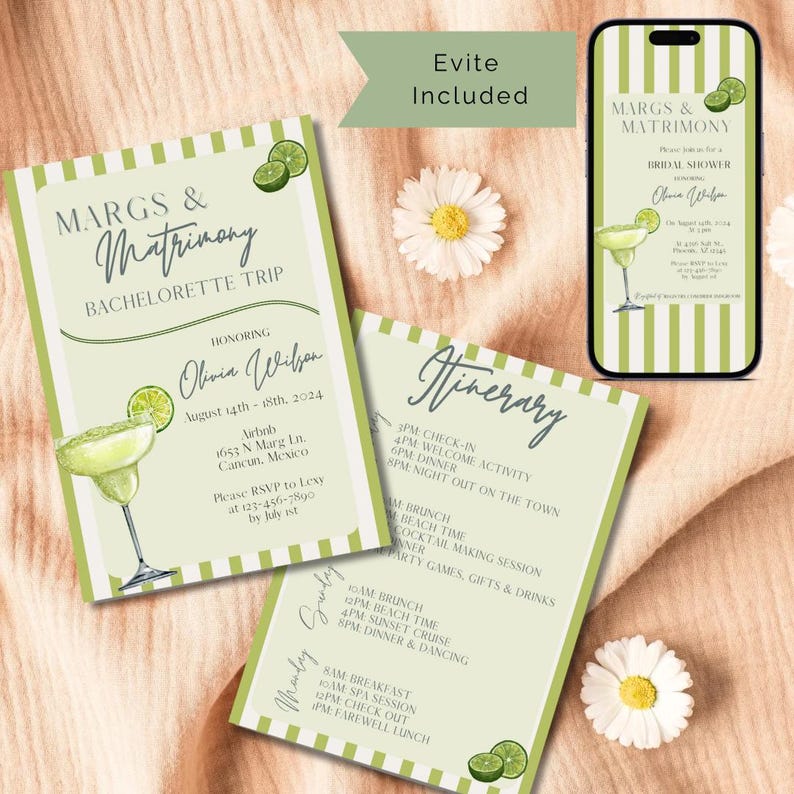 Bachelorette Trip Itinerary Margs and Matrimony Invitation Template ...