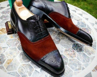 Handmade Two Tone Oxford Men Shoes, Burgundy and Black Dress shoes, Formal Shoes