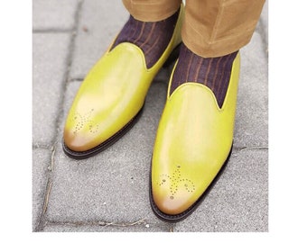 Handmade Men's Yellowish Leather Looks Trendy Brogue Loafer Slip On Shoes