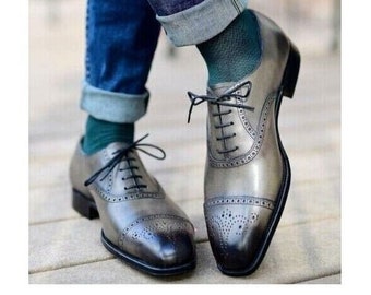 Handmade Bespoke Men's Gray Brogue Leather Dress Shoes Men Office Shoe Toe Cap